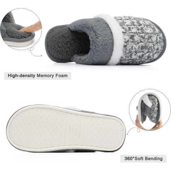 Women's Grey White Cozy Comfy Memory Foam Slippers Slip-On Indoor House Shoes - Picture 3 of 6